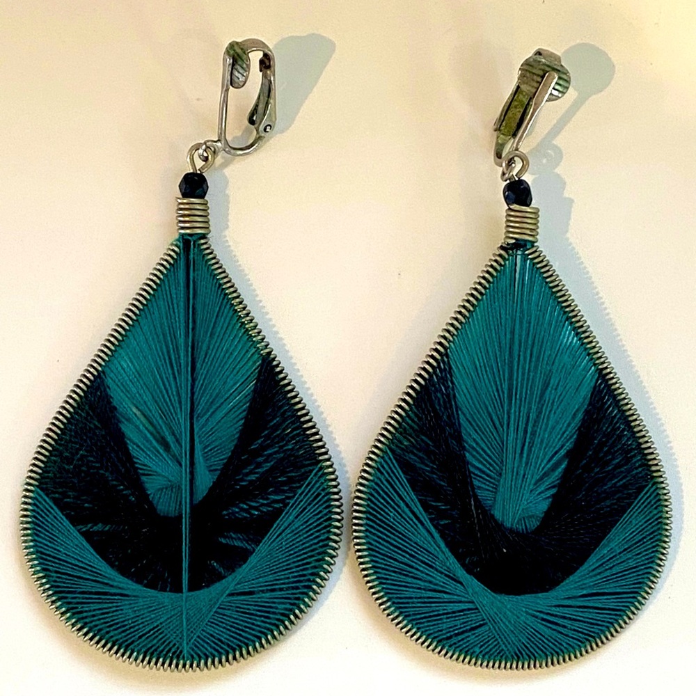 Bohemian Teal and Black Teardrop Clip on Earrings